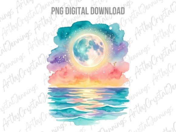 Download Beautiful Watercolor Full Moon Ocean PNG - Full moon Collection